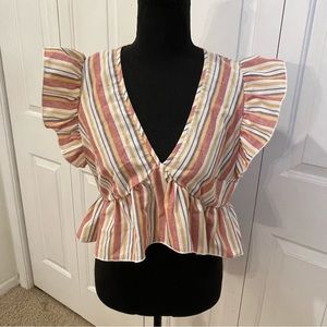 Shein Cotton Striped V-Neck Ruffle Peplum Crop Top - Medium M